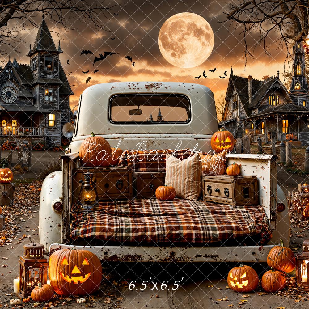 Kate Halloween Truck Pumpkins Haunted Houses Backdrop Designed by Emetselch -UK