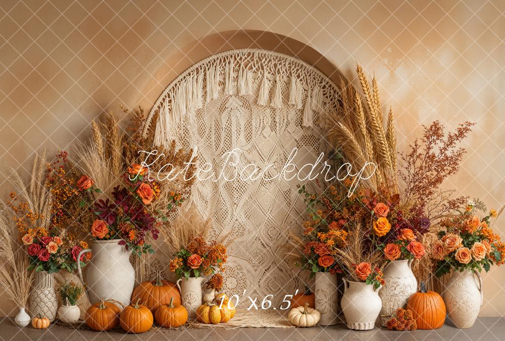 Kate Autumn Boho Pumpkins Macrame Fleece Backdrop Designed by Emetselch -UK