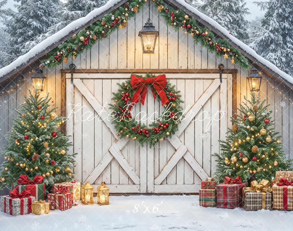 Kate Christmas Barn Door Wreath Trees Fleece Backdrop Designed by Emetselch -UK
