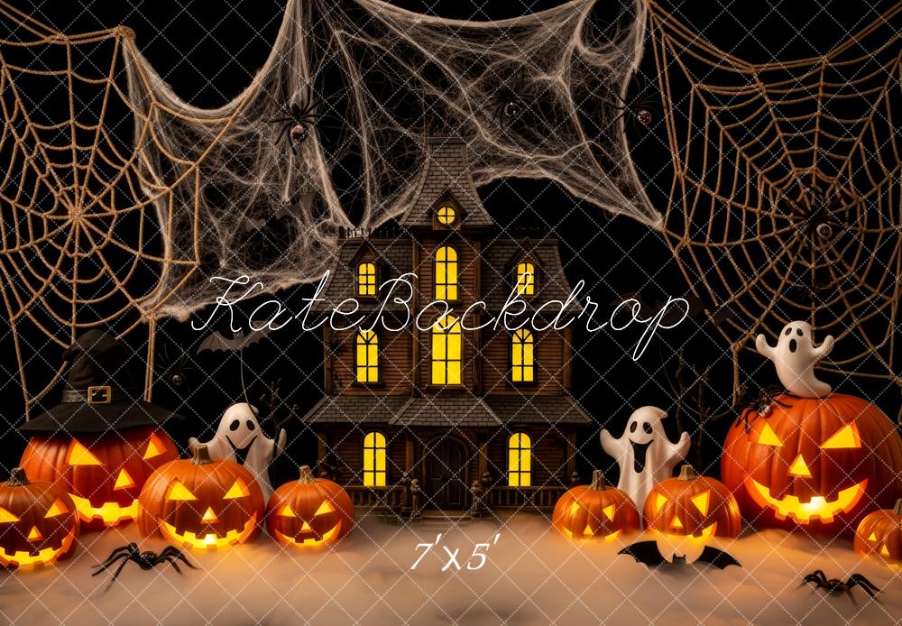 Kate Halloween Haunted House Pumpkins Spider Webs Backdrop Designed by Patty Robert