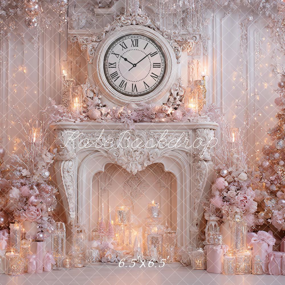 Kate Christmas Pink Fireplace Clock Gifts Backdrop Designed by Ashley Paul
