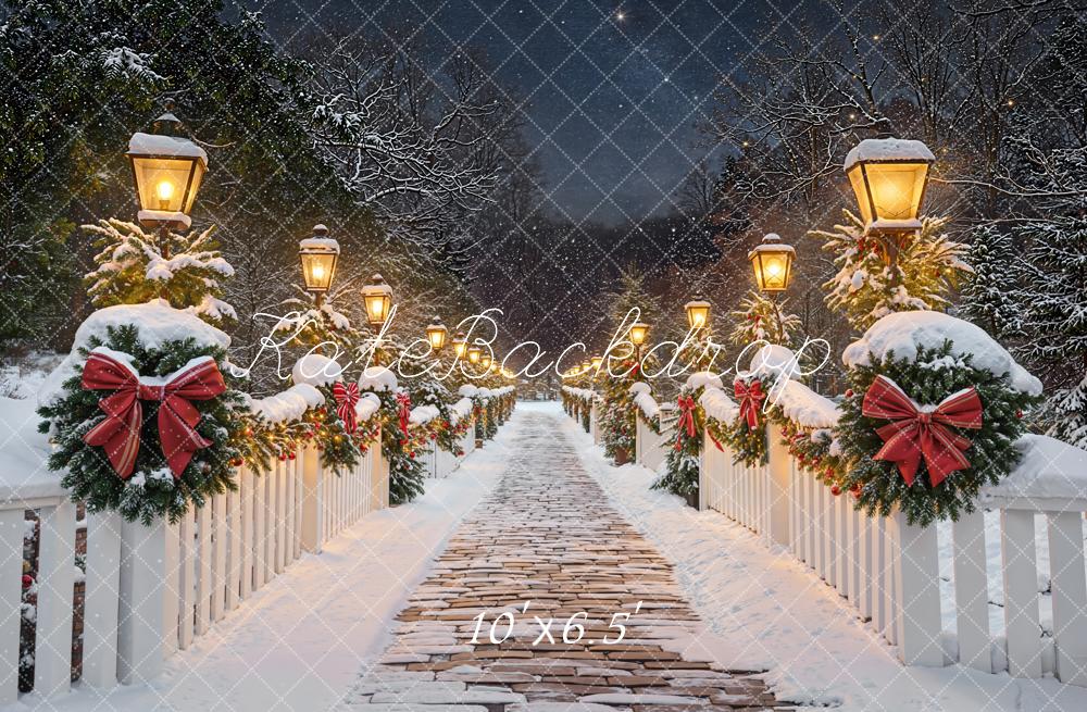 Kate Christmas Snowy Bridge Lanterns Fleece Backdrop Designed by Emetselch
