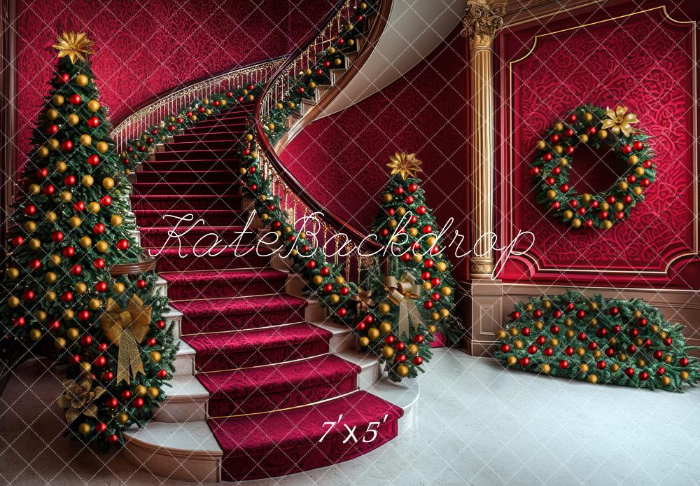 Kate Christmas Trees Cascading Stairs Red Backdrop Designed by Mini MakeBelieve -UK