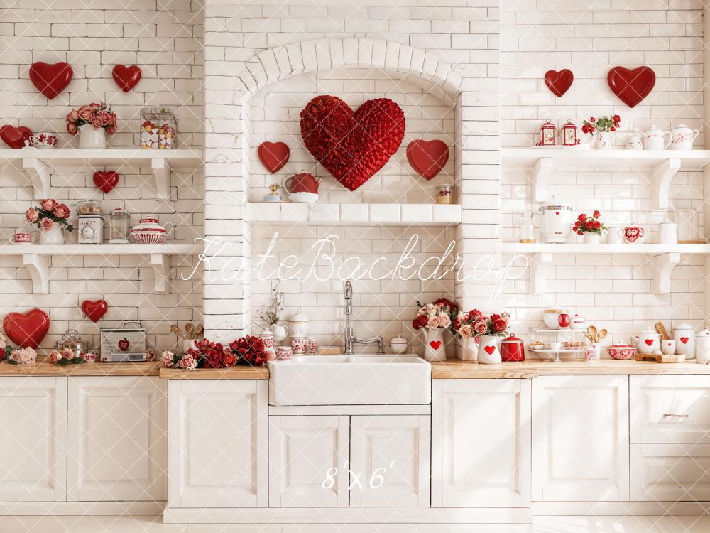 Kate Valentines Kitchen Hearts Shelves White Brick Fleece Backdrop Designed by Emetselch -UK