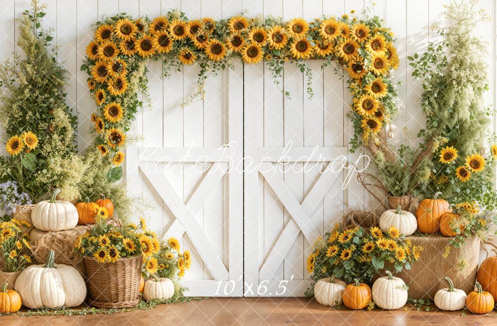 Kate Sunflower Arch Pumpkins White Barn Backdrop Designed by Emetselch
