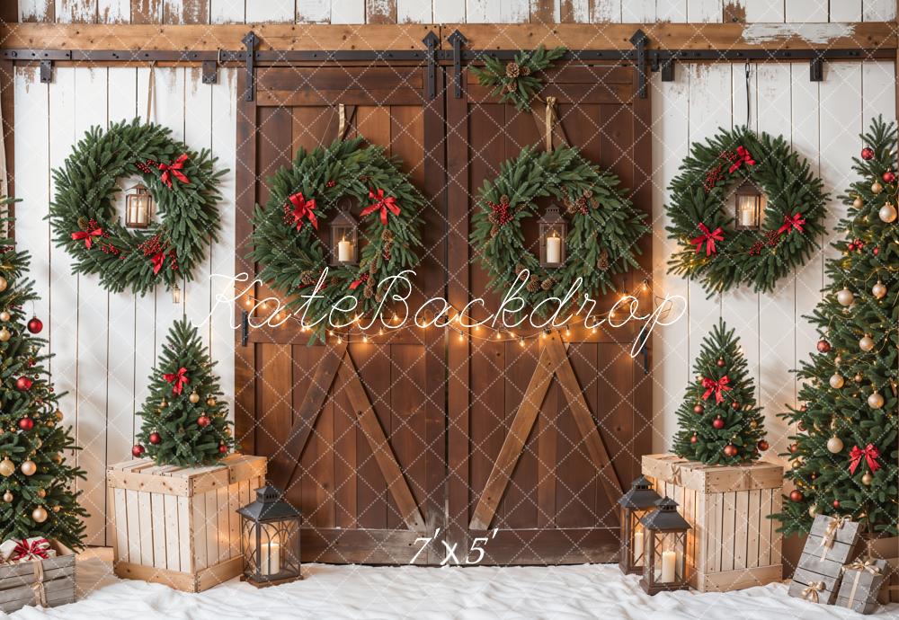 Kate Christmas Tree Brown Wooden Barn Door Backdrop Designed by Emetselch -UK