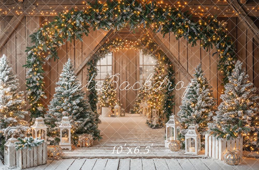 Kate Christmas Arch Snowy Trees Lanterns Fleece Backdrop Designed by Emetselch