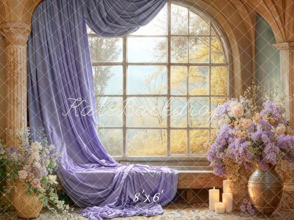 Kate Window Purple Drapes Floral Fleece Backdrop Designed by Emetselch -UK