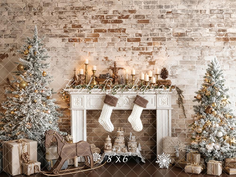 Kate Christmas Fireplace Trees Brick Wall Fleece Backdrop Designed by Emetselch