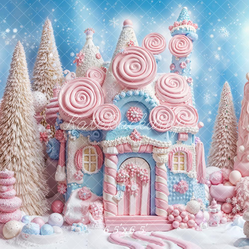 Kate Christmas Candy House Trees Snowflakes Backdrop Designed by Emetselch
