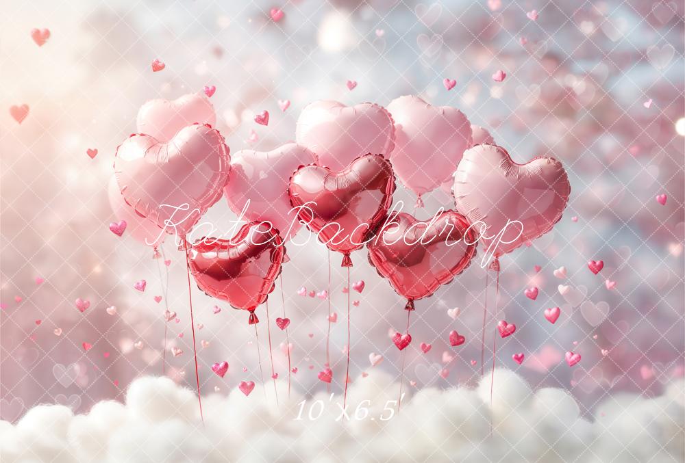 Kate Valentine Pink Hearts Balloons Clouds Fleece Backdrop Designed by Emetselch -UK