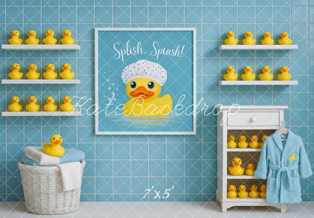 Kate Duck Bathrobe Blue Tiles Backdrop Designed by Patty Robert -UK