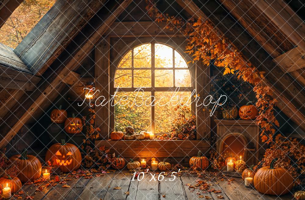 Kate Halloween Attic Pumpkins Autumn Fleece Backdrop Designed by Emetselch