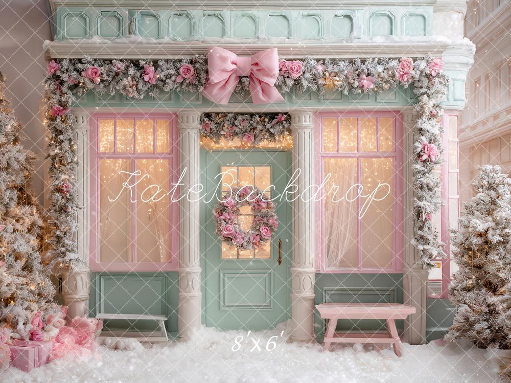 Kate Christmas Pink Bow Garland Shop Front Backdrop Designed by Ashley Paul -UK