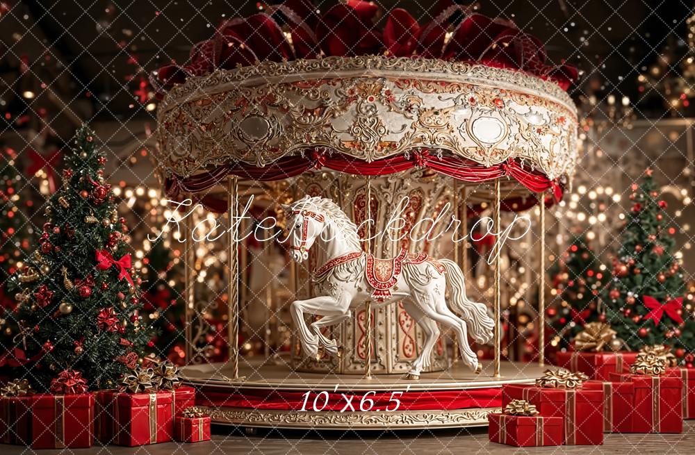 Kate Carousel Christmas Tree Red Gifts Backdrop Designed by Emetselch