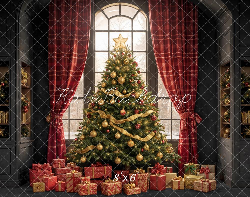 Kate Christmas Tree Bookshelves Window Fleece Backdrop Designed by Emetselch -UK