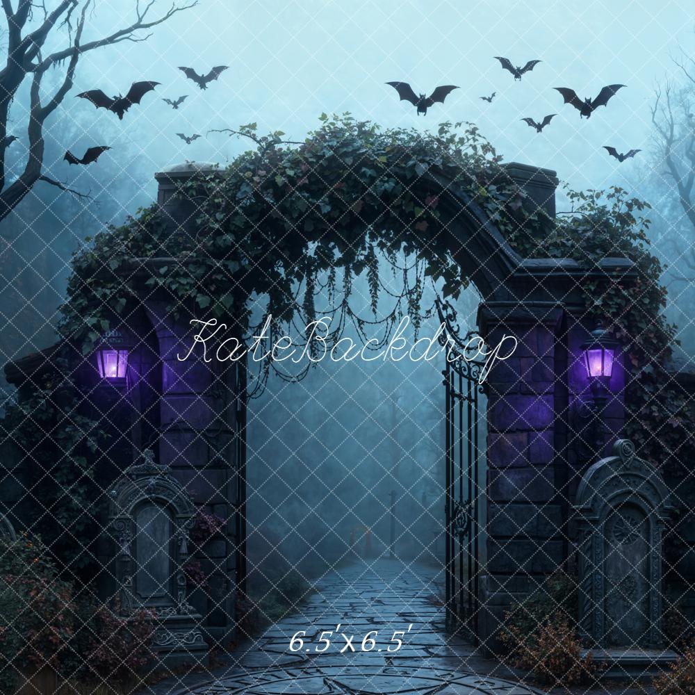 Kate Halloween Cemetery Arch Gate Bats Backdrop Designed by Emetselch