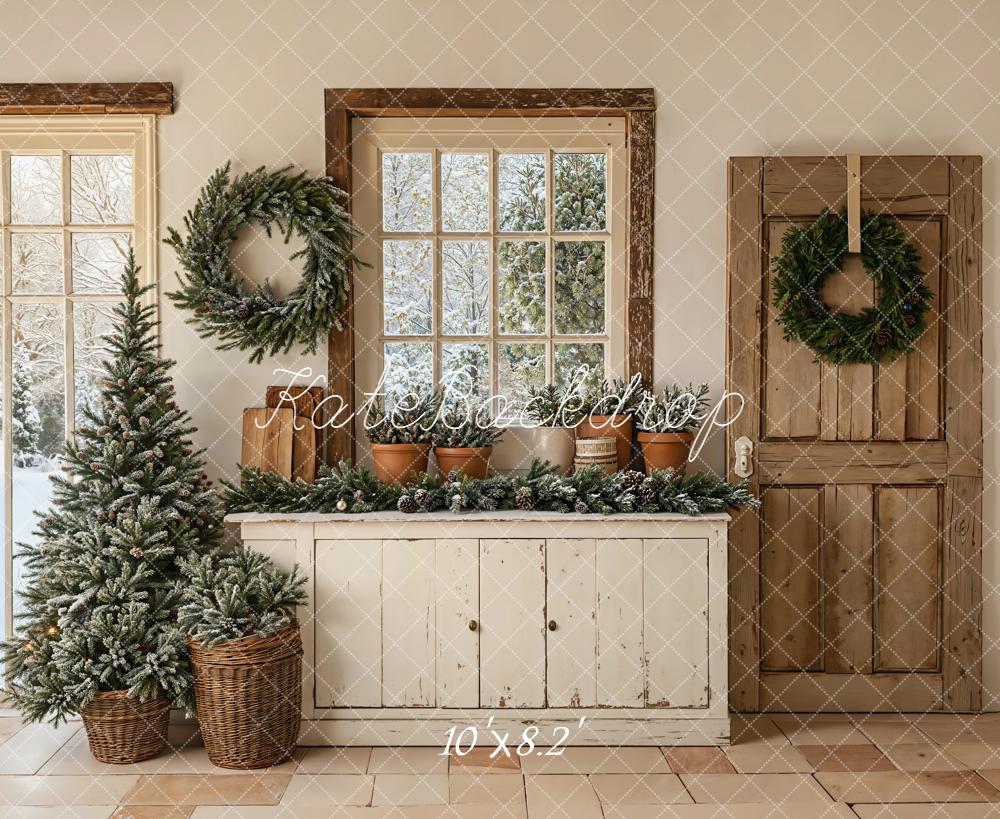 Kate Christmas Wreaths Tree Rustic Windows Backdrop Designed by Emetselch