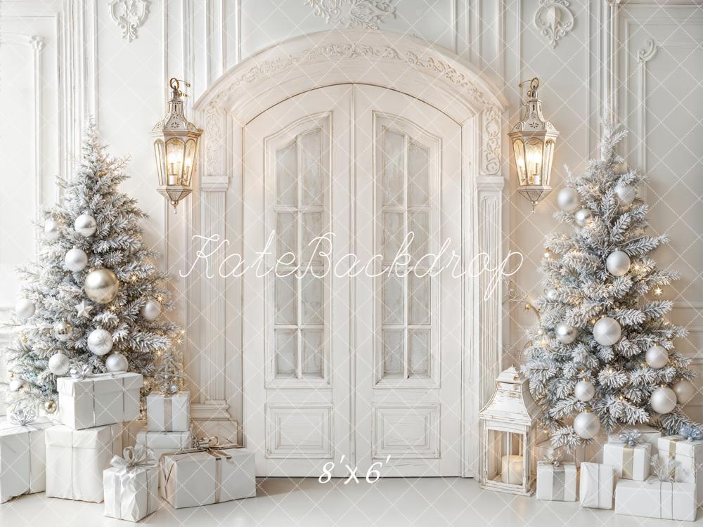 Kate Christmas Trees White Door Lanterns Fleece Backdrop Designed by Emetselch -UK