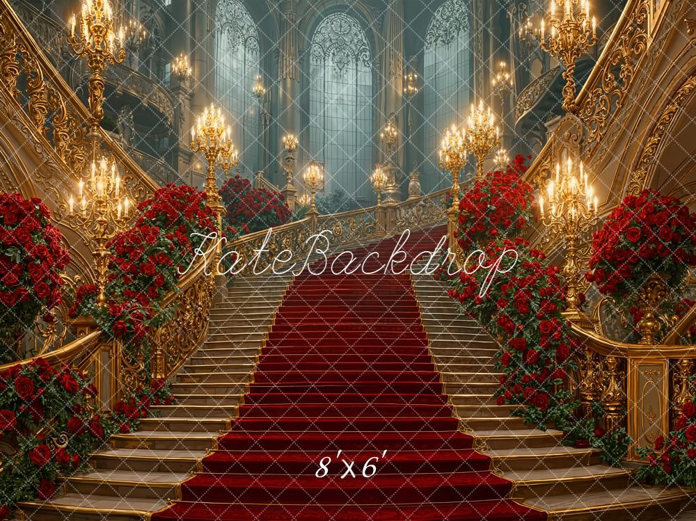 Kate Cascading Stairs Red Roses Grand Chandelier Fleece Backdrop Designed by Emetselch -UK