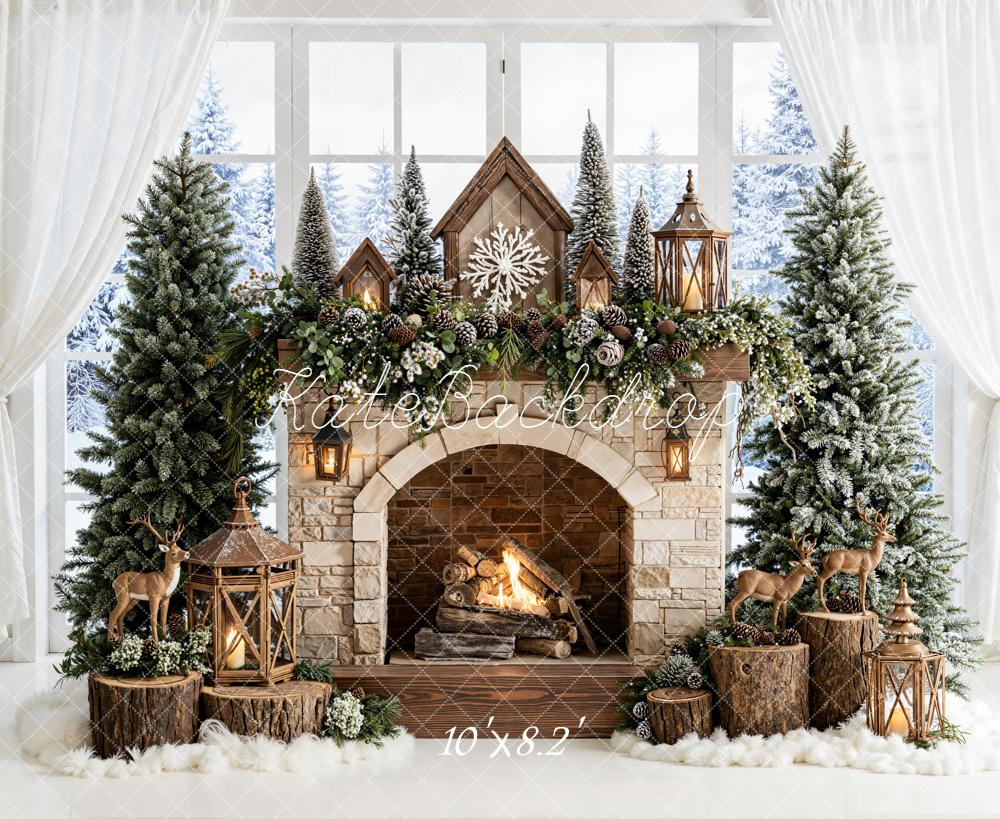 Kate Christmas Fireplace Trees Reindeer Backdrop Designed by Emetselch -UK