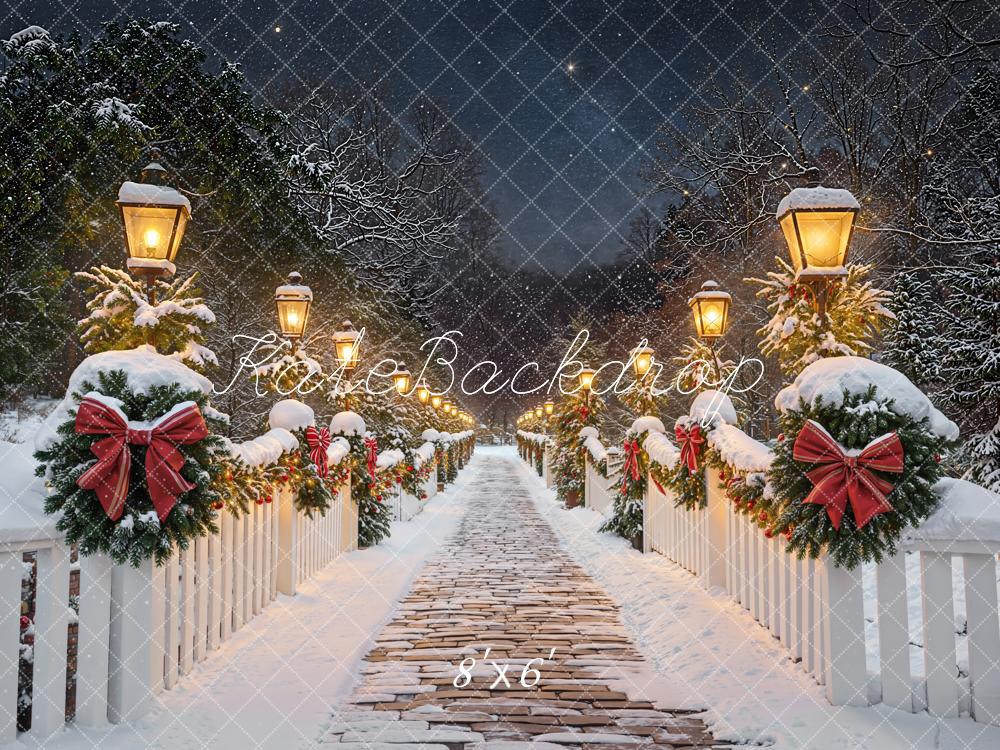 Kate Christmas Snowy Bridge Lanterns Fleece Backdrop Designed by Emetselch