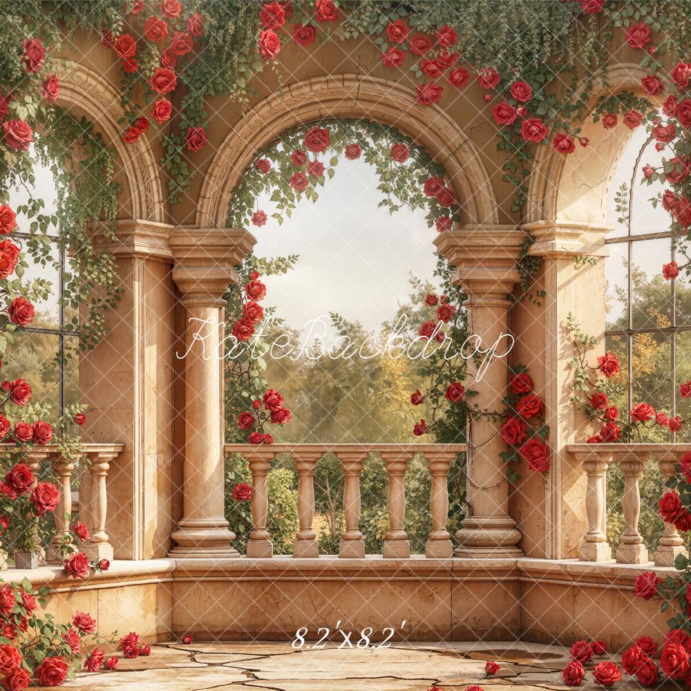 Kate Red Roses Stone Balcony Arches Backdrop Designed by Emetselch -UK