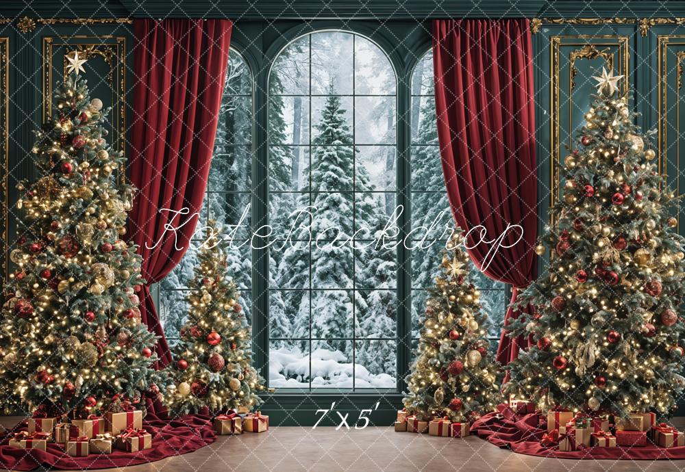 Kate Christmas Trees Window Red Curtains Backdrop Designed by Ashley Paul