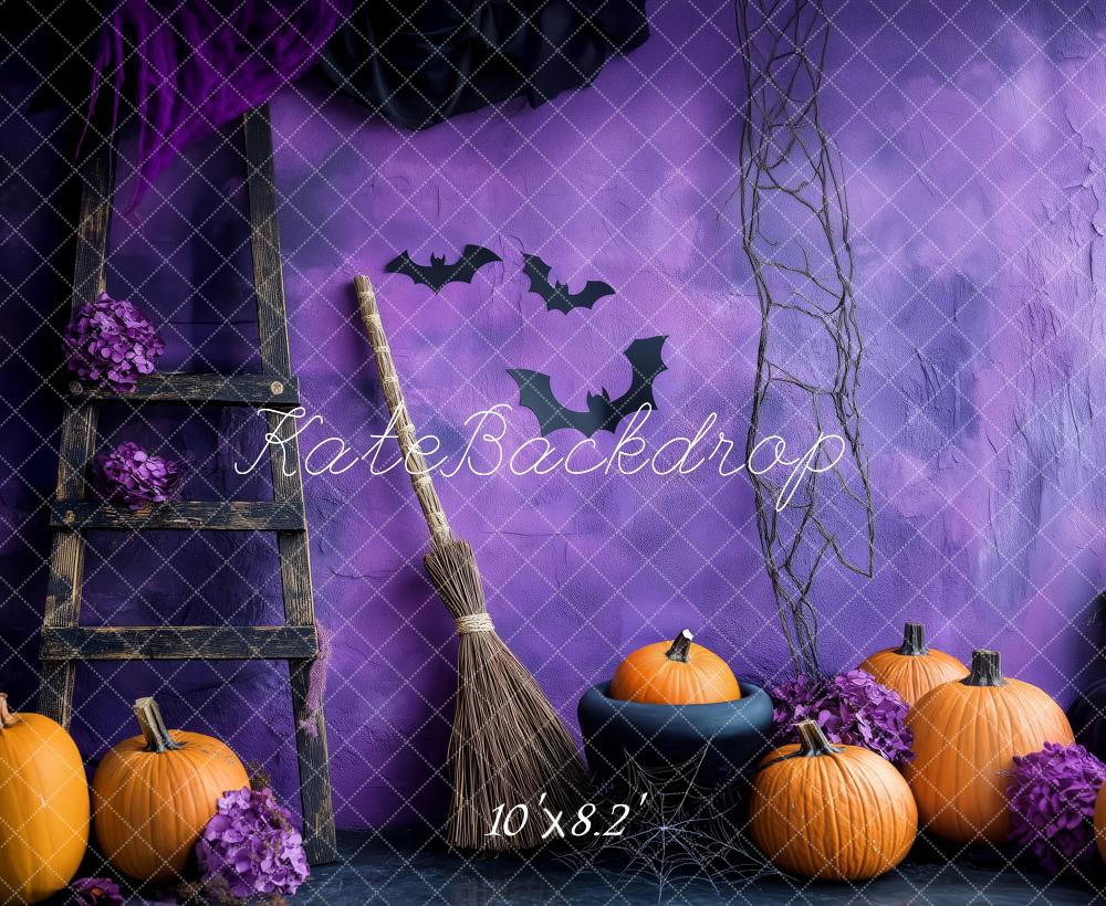 Kate Halloween Pumpkins Broom Ladder Purple Wall Backdrop Designed by Patty Robert -UK