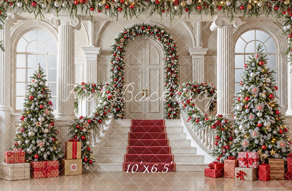 Kate Christmas Staircase Trees Presents Fleece Backdrop Designed by Emetselch -UK