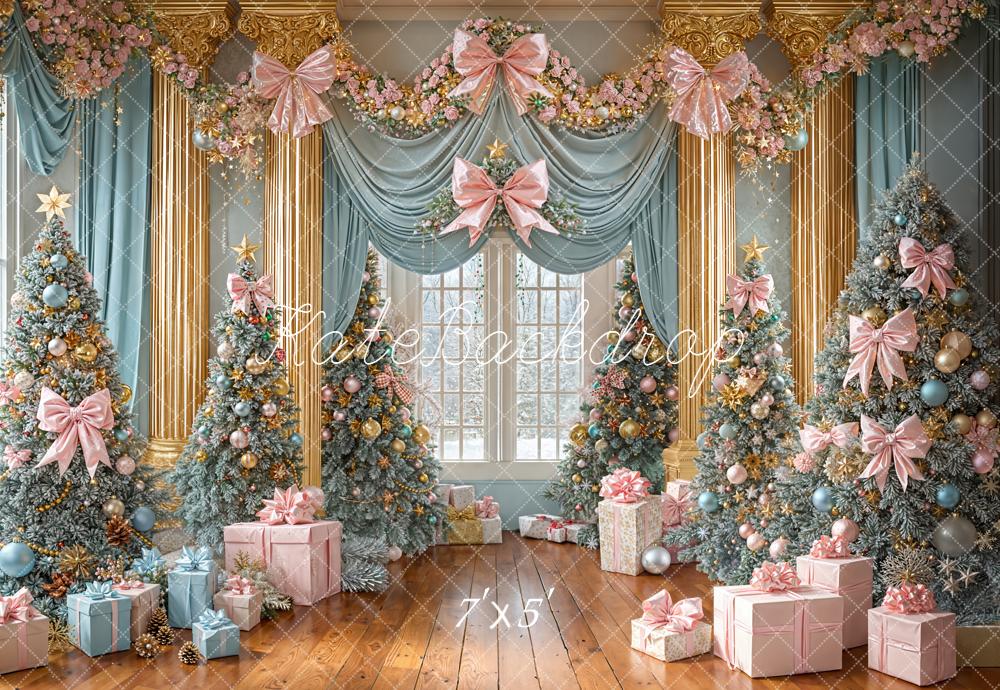 Kate Christmas Trees Pink Bows Presents Backdrop Designed by Emetselch