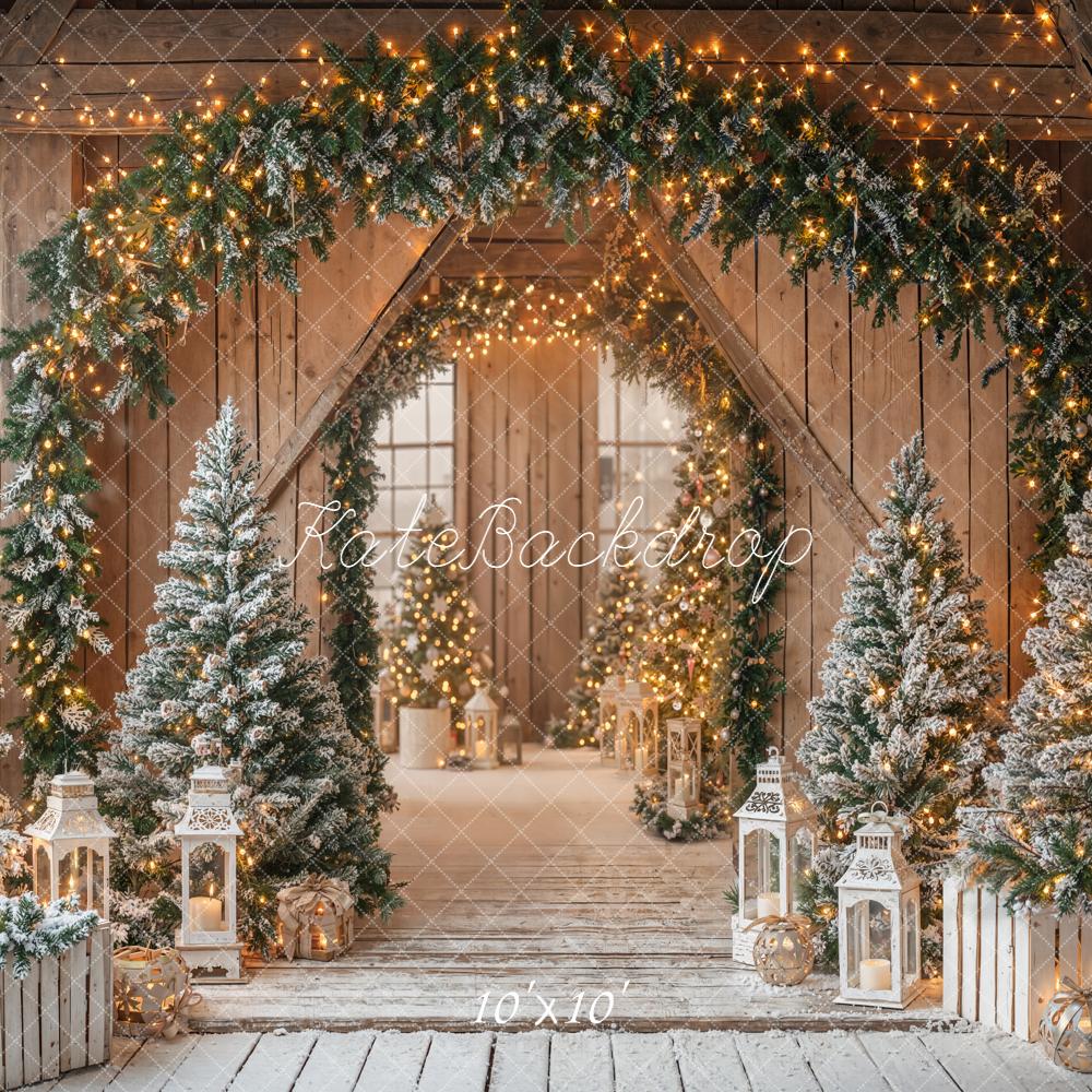 Kate Christmas Garland Trees Lanterns Wooden Backdrop Designed by Emetselch