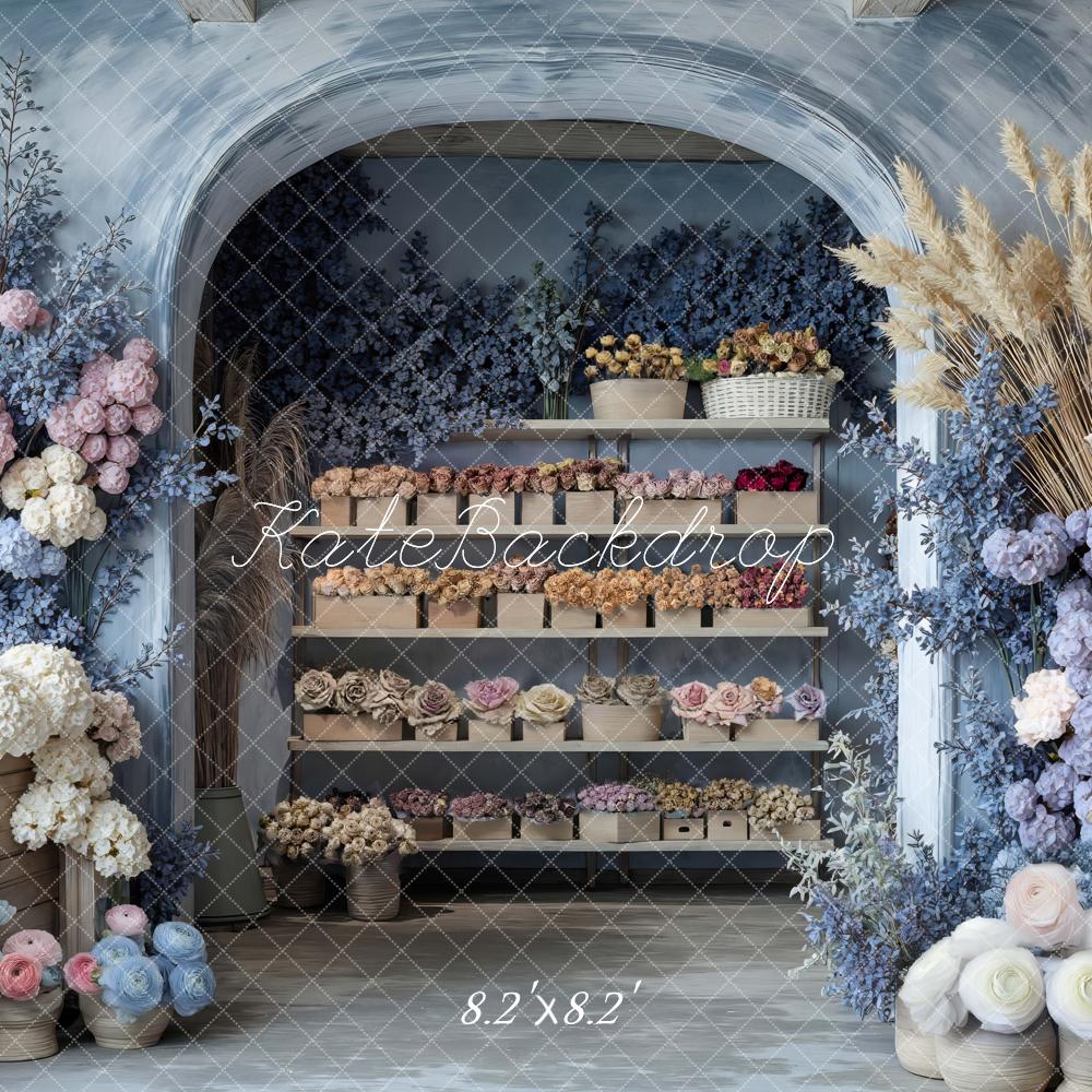 Kate Flower Arch Shelves Pastel Flowers Blue Backdrop Designed by Mini MakeBelieve -UK