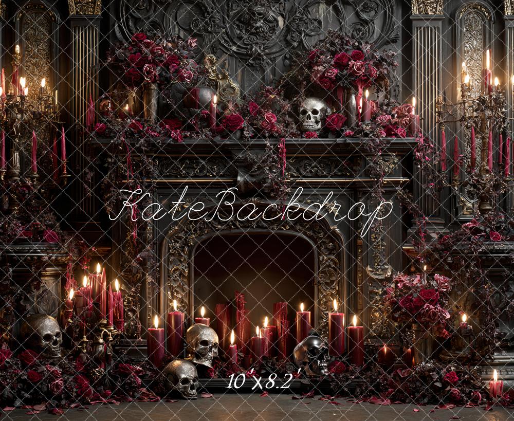 Kate Halloween Gothic Fireplace Skulls Candles Backdrop Designed by Ashley Paul -UK