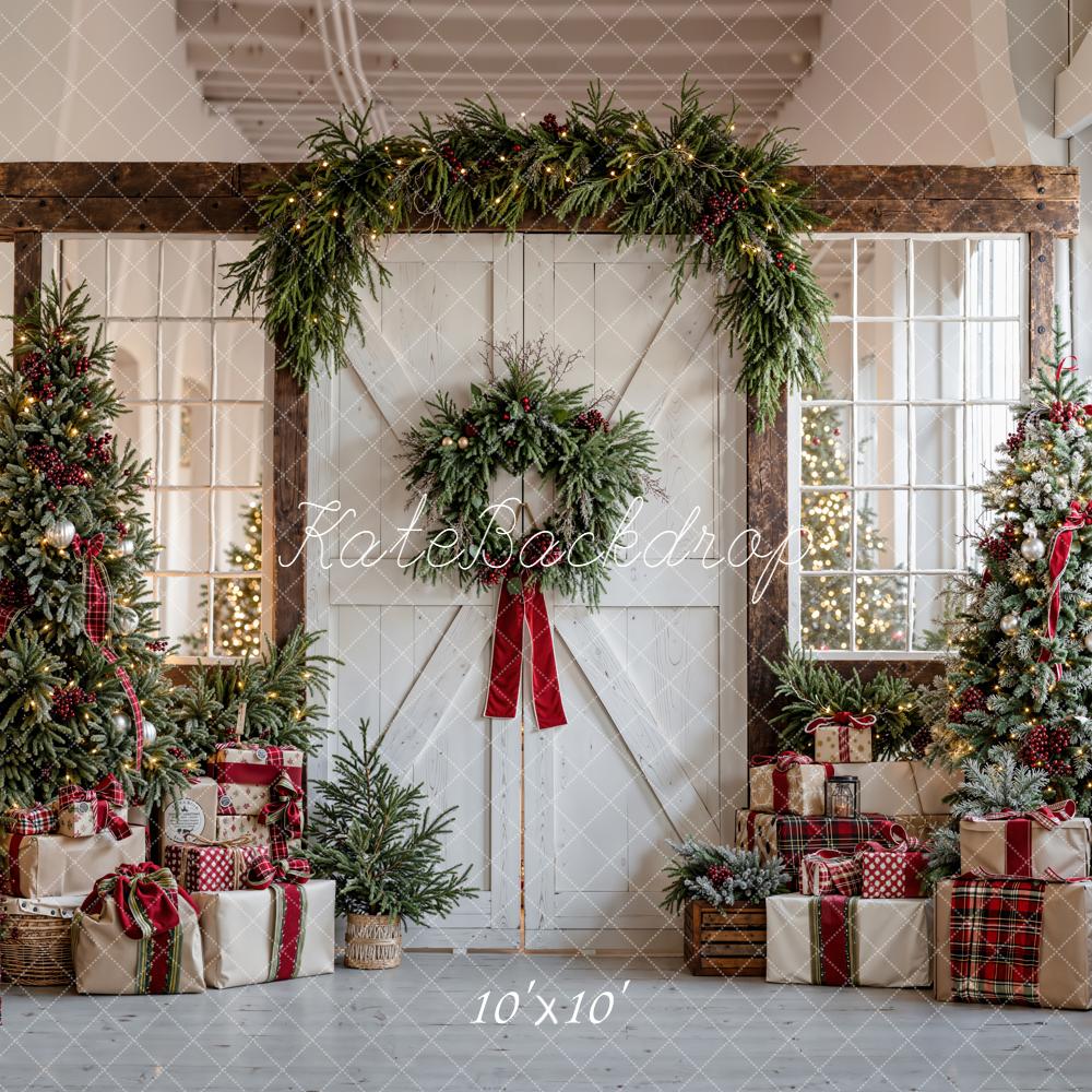 Kate Christmas Trees Garland Presents Rustic Door Backdrop Designed by Emetselch