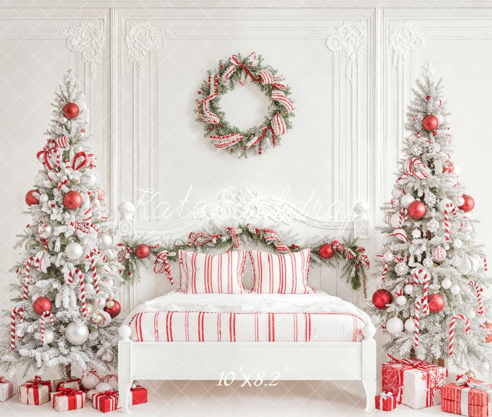 Kate Christmas White Trees Candy Cane Fleece Backdrop Designed by Emetselch -UK