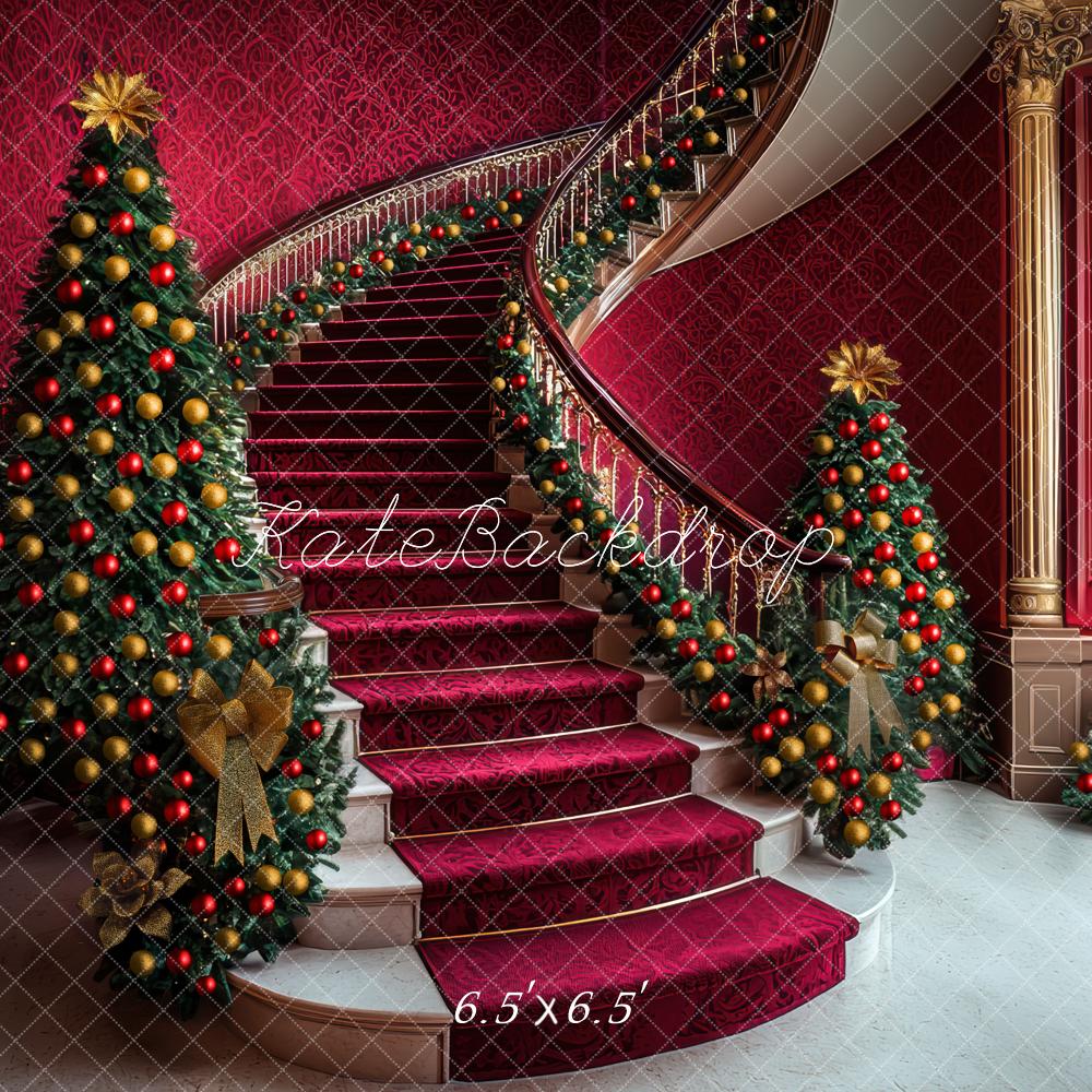 Kate Christmas Trees Cascading Stairs Red Backdrop Designed by Mini MakeBelieve -UK