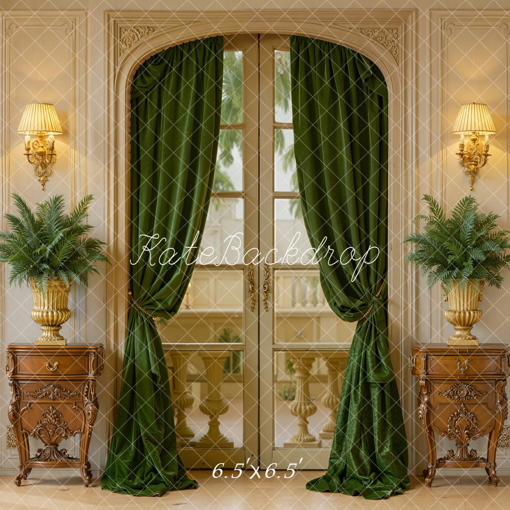 Kate Vintage French Window Green Curtains Plants Backdrop Designed by Emetselch