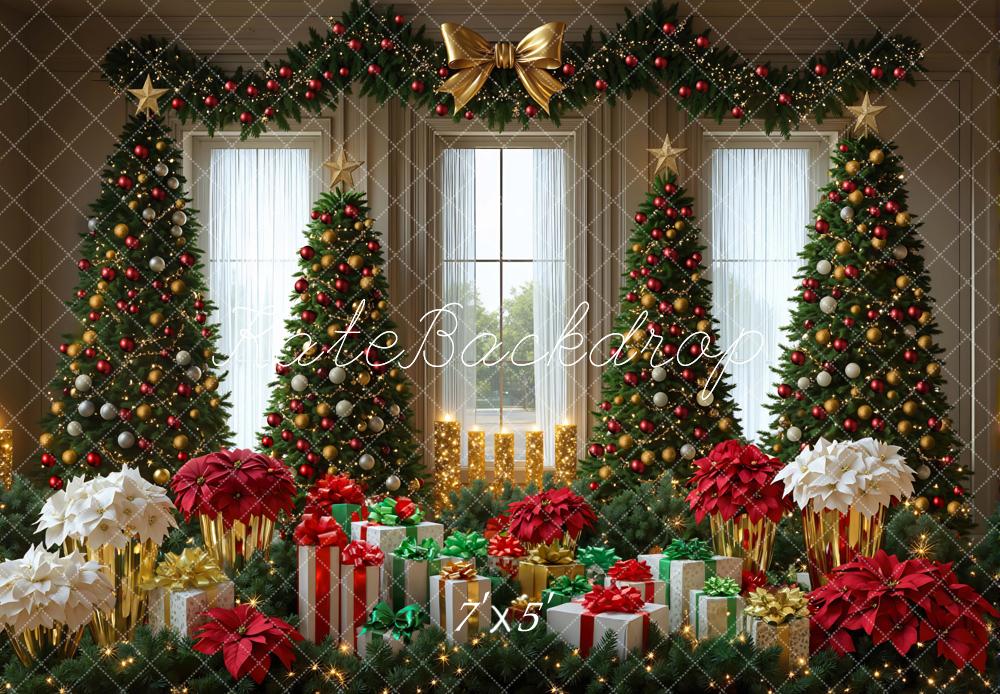 Kate Christmas Trees Presents Poinsettias Garland Backdrop Designed by Mini MakeBelieve