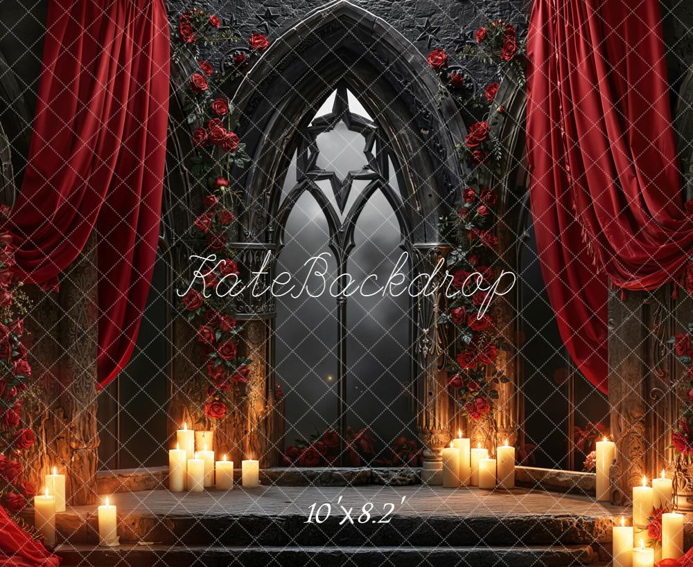 Kate Gothic Arch Red Roses Curtain Candles Backdrop Designed by Emetselch -UK