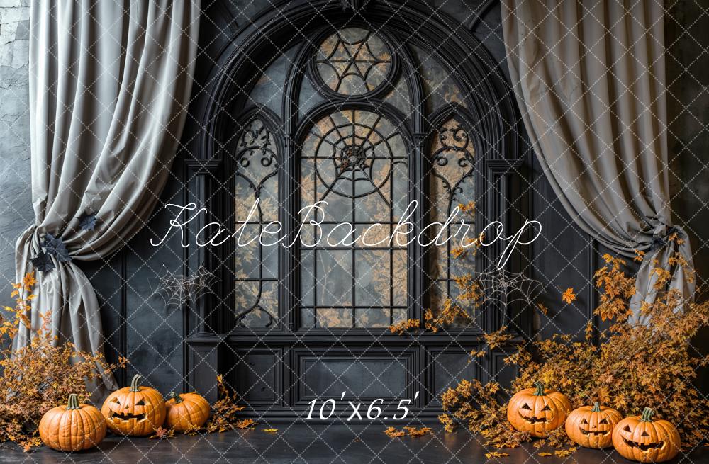 Kate Halloween Pumpkins Gothic Window Fleece Backdrop Designed by Emetselch -UK