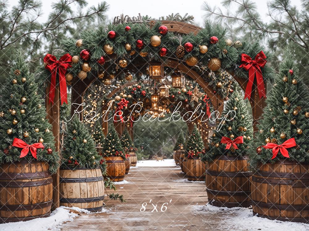 Kate Christmas Archway Lanterns Pine Trees Fleece Backdrop Designed by Emetselch -UK