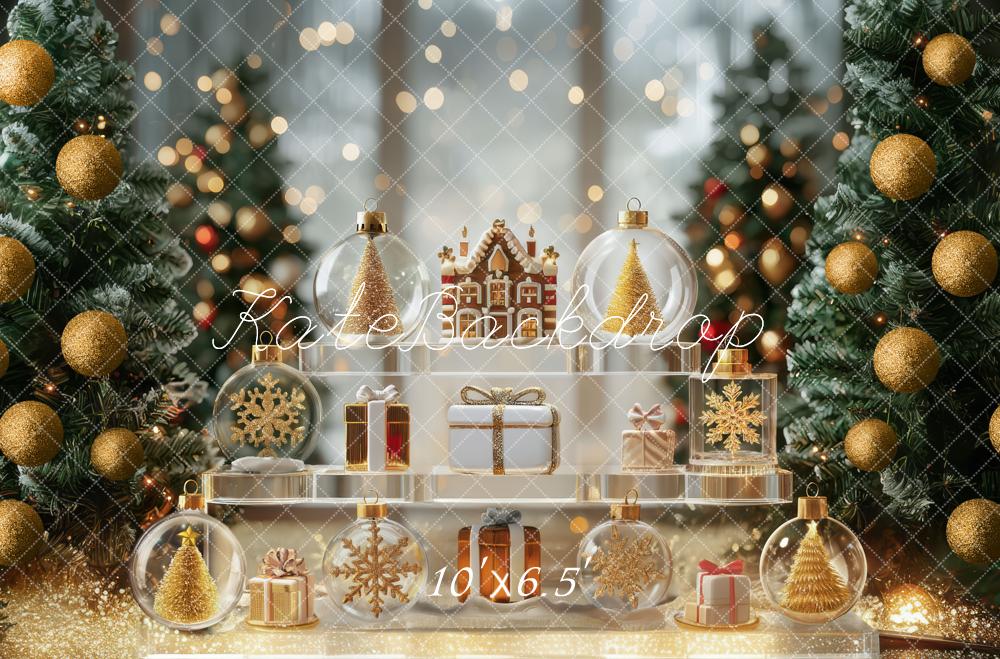 Kate Christmas Trees Ornaments Gingerbread Gold Backdrop Designed by Mini MakeBelieve -UK