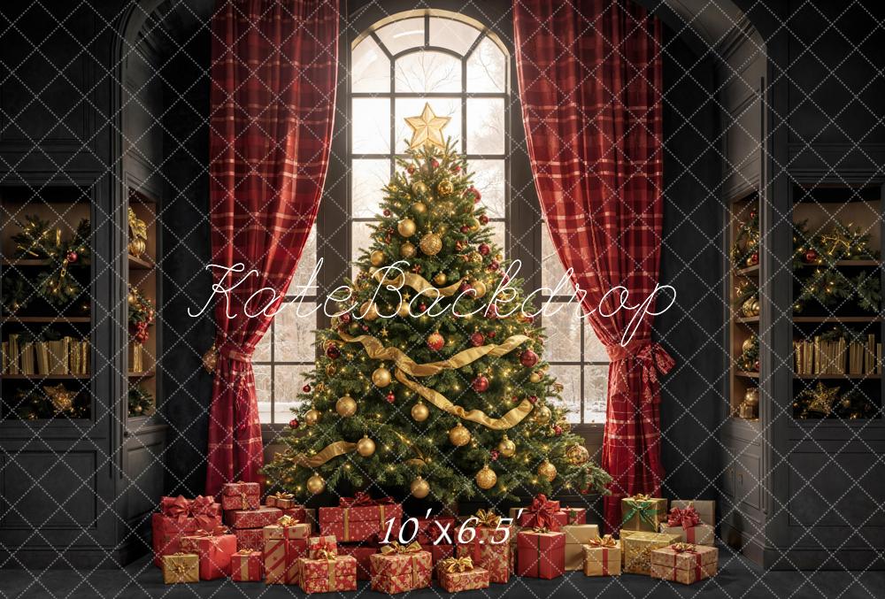 Kate Christmas Tree Bookshelves Window Fleece Backdrop Designed by Emetselch -UK