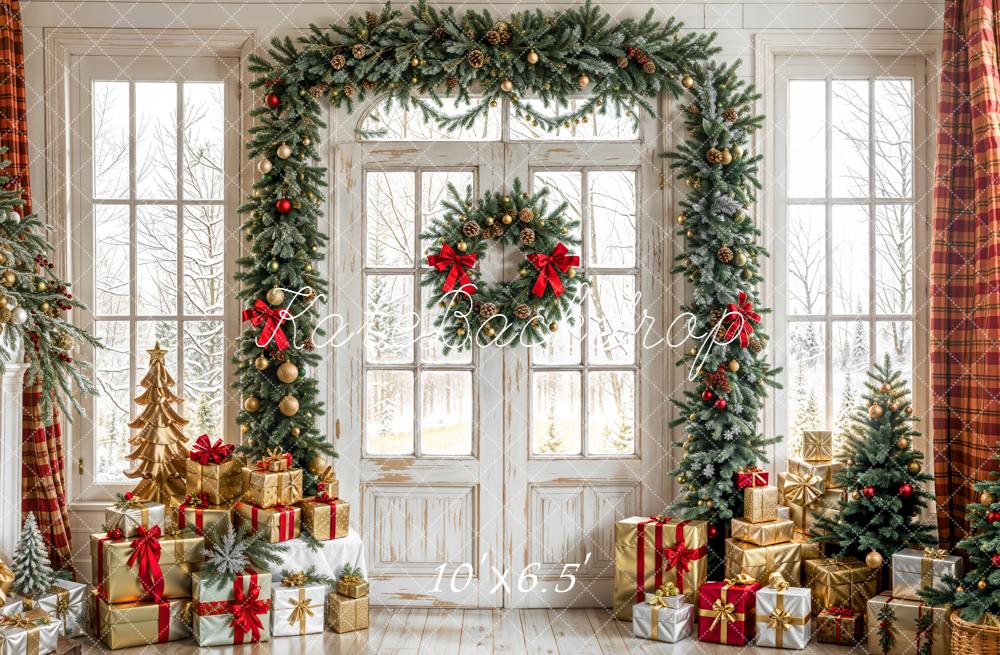 Kate Christmas Garland Presents Window Fleece Backdrop Designed by Emetselch