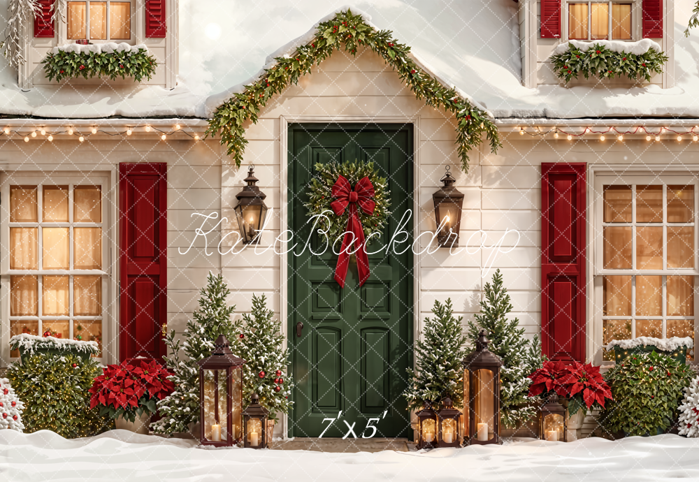 Kate Christmas House Red Green Door Wreath Backdrop Designed by Emetselch -UK