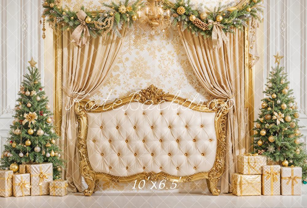 Kate Gold Christmas Headboard Curtains Fleece Backdrop Designed by Emetselch -UK