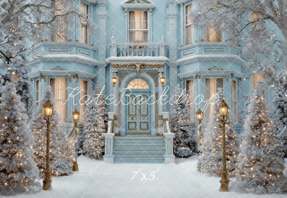 Kate Winter Blue Mansion Snow Lights Backdrop Designed by Ashley Paul