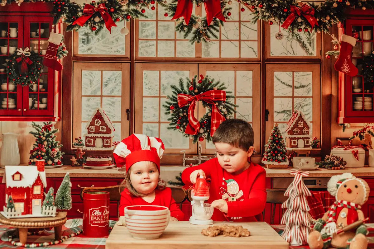 Kate Christmas Red Kitchen Retro Cabinets Window Backdrop Designed by Emetselch