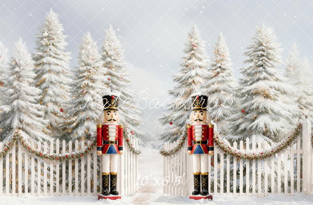 Kate Christmas Nutcracker Snowy Trees Fence Backdrop Designed by Emetselch